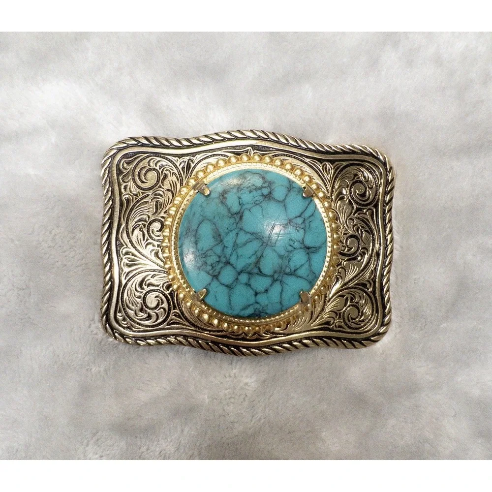 Gold Tone Western Scroll Work Belt Buckle With Faux Turquoise Stone Rodeo